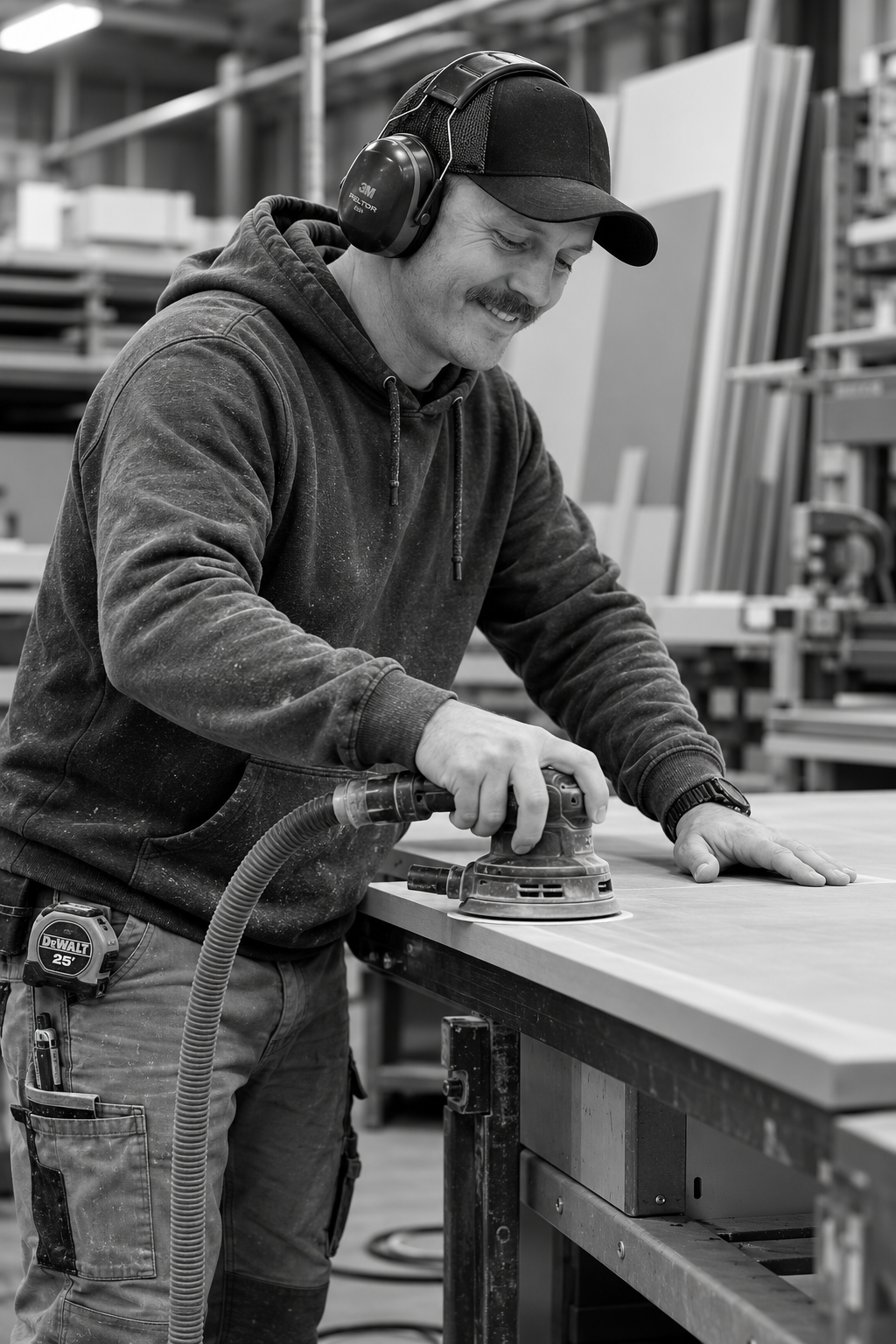 Andy sanding a timber panel in the workshop